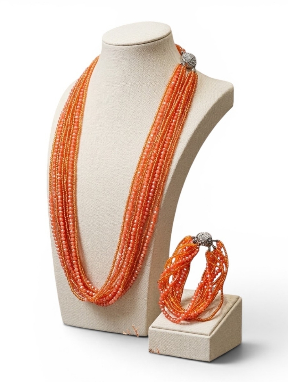 BOHO Western Elegant Orange Sparkle Beaded Necklace & Bracelet Set Magnetic